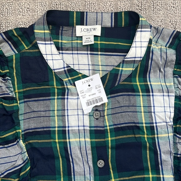 J. Crew Women’s Green and Blue Plaid Button Down Shirt with Ruffles Size XS NWT - Picture 2 of 3